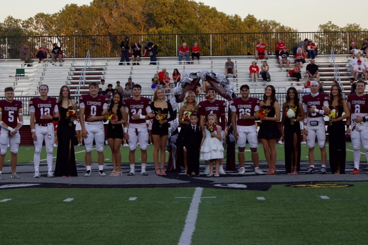 EMHS Homecoming King and Queen standing at middle field.