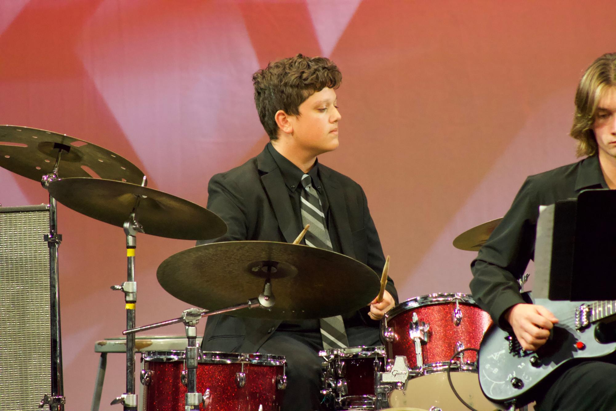 Varsity jazz drummer Jackson Moore holds down the rhythm section.