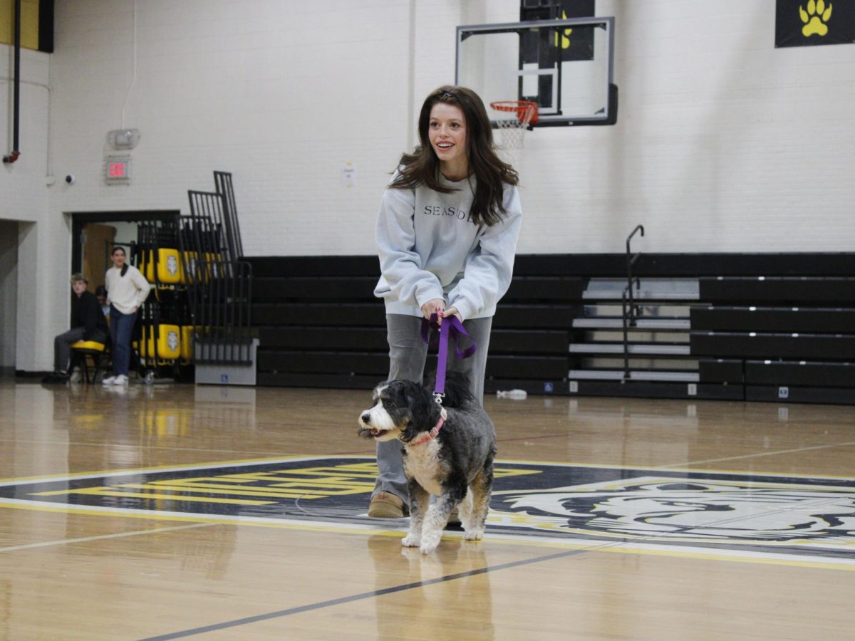 Senior Drue Mountsier shows her dog Gretchen, as she is about to strike a pose. In the Swine Week dog show, dogs competed in several different categories, including "Tricks," "Heart Throb," "Best Dressed" and "Waggiest Tail." 