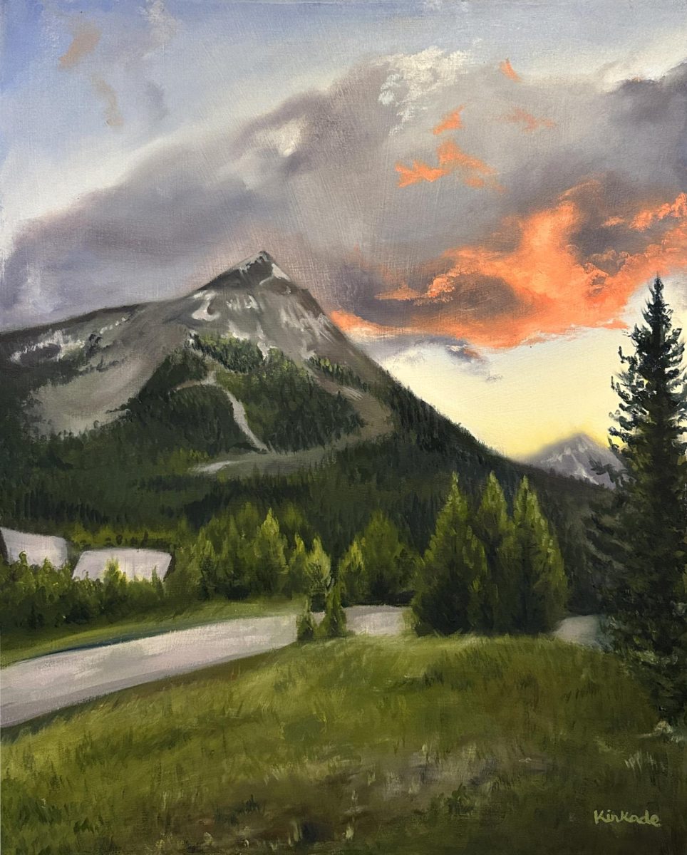Kinkade is often inspired by the natural world when she travels, resulting in an increased interest in landscape paintings. This painting captures a sunset in Big Sky, Mont. 