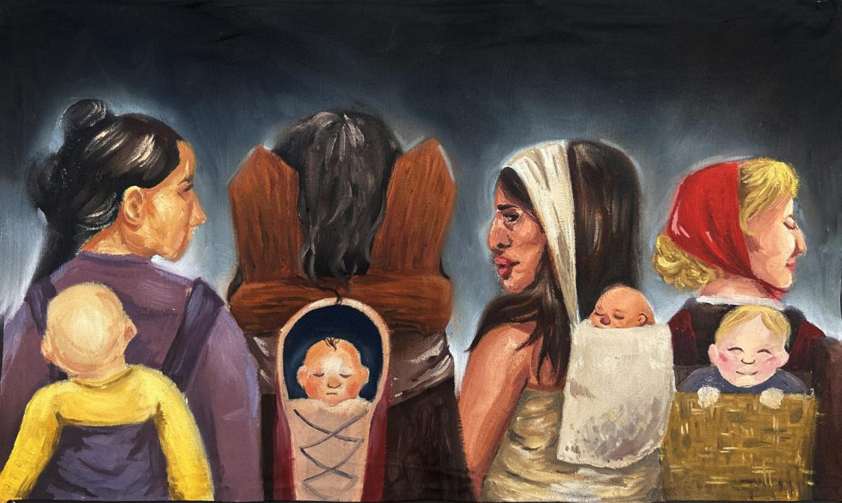 "Play Date" shows several women of different cultures holding their babies in different ways. Babywearing is another shared practice among many different groups, and is represented in her AP portfolio. 