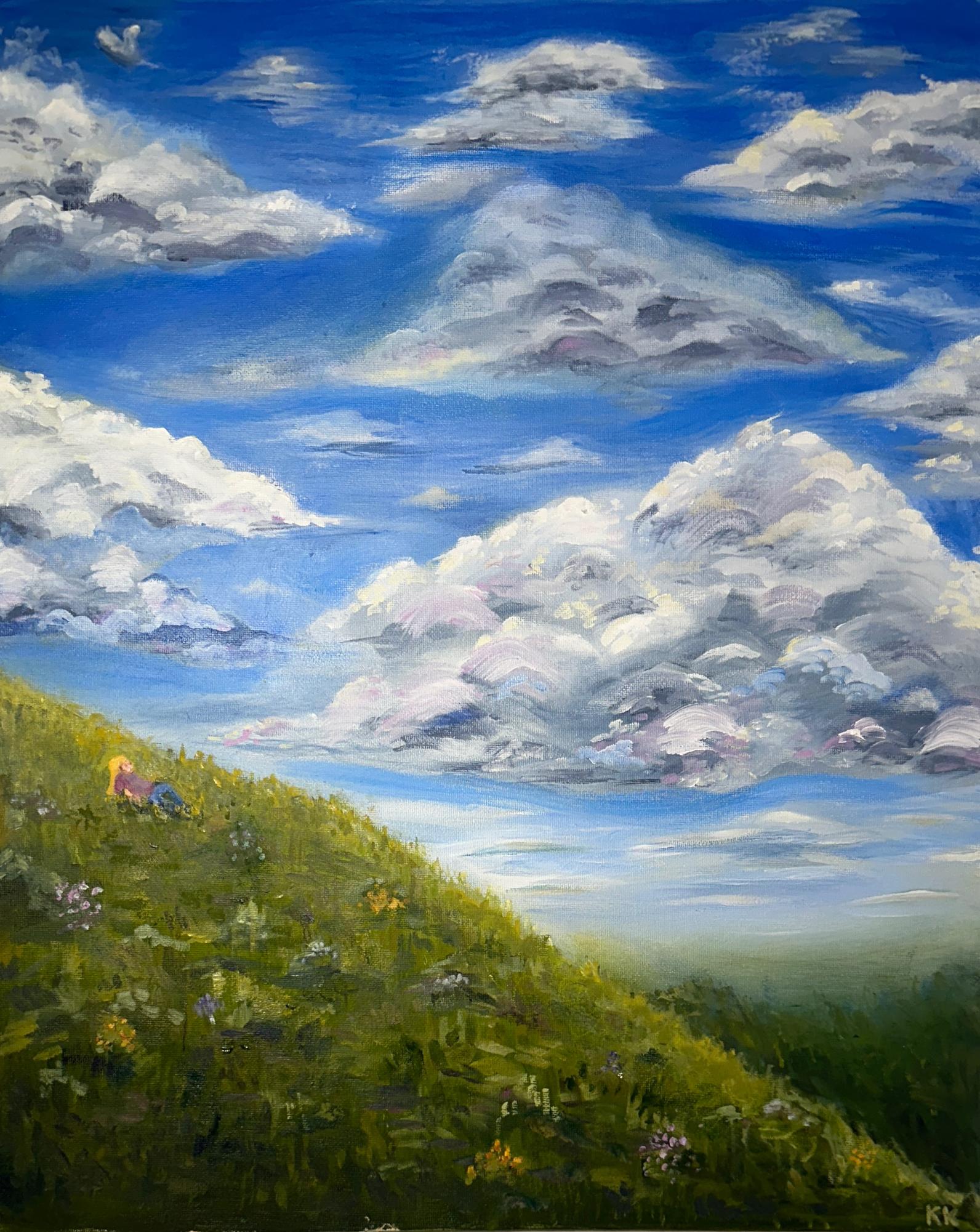 "Cloud Watching" is an oil landscape painting in her AP portfolio. It depicts a blue sky with large clouds and hills in the foreground.