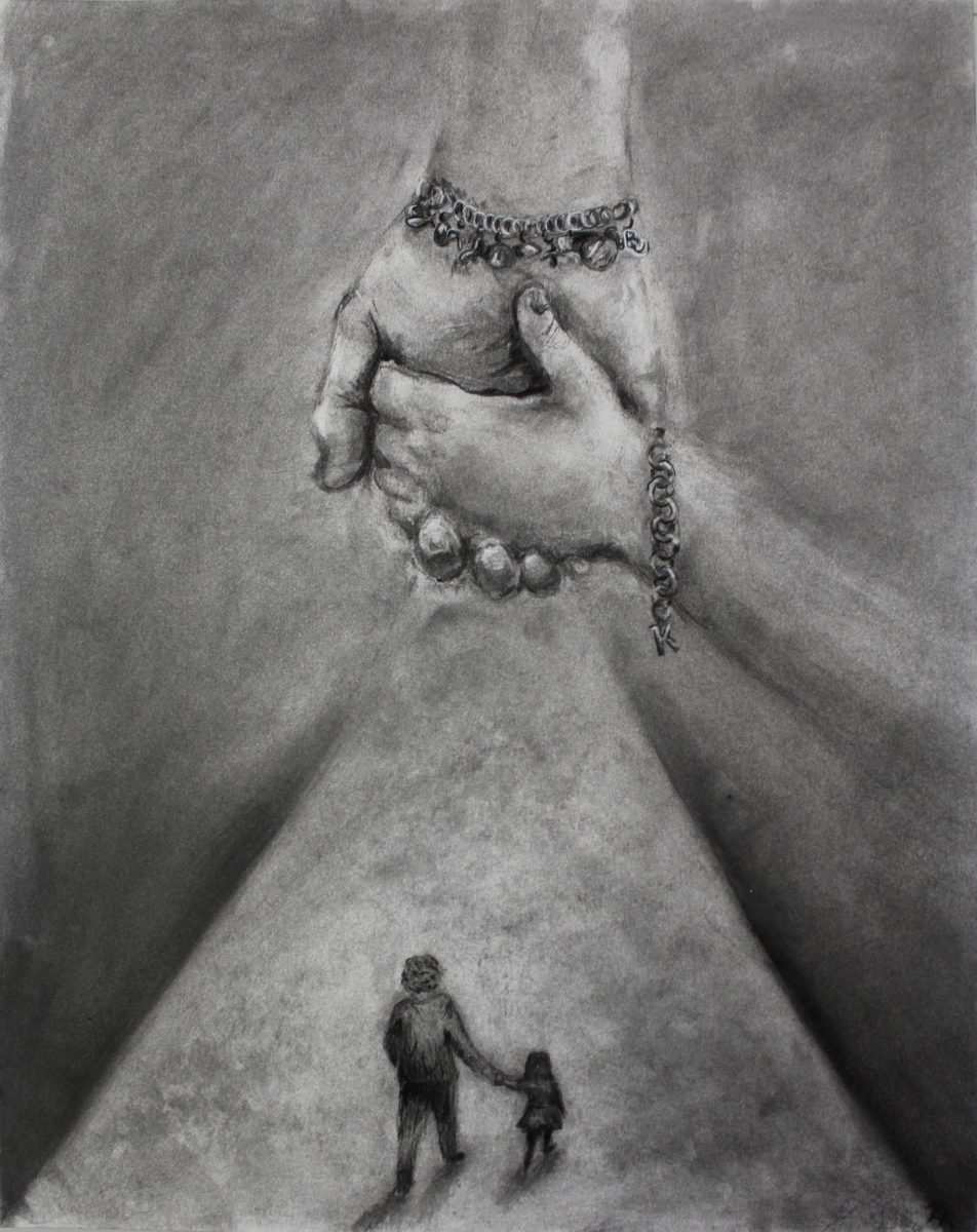 "Like Mother, Like Daughter" is a charcoal drawing that shows a mother and daughter holding hands, both wearing charm bracelets. This drawing is part of Kinkade's AP portfolio. 