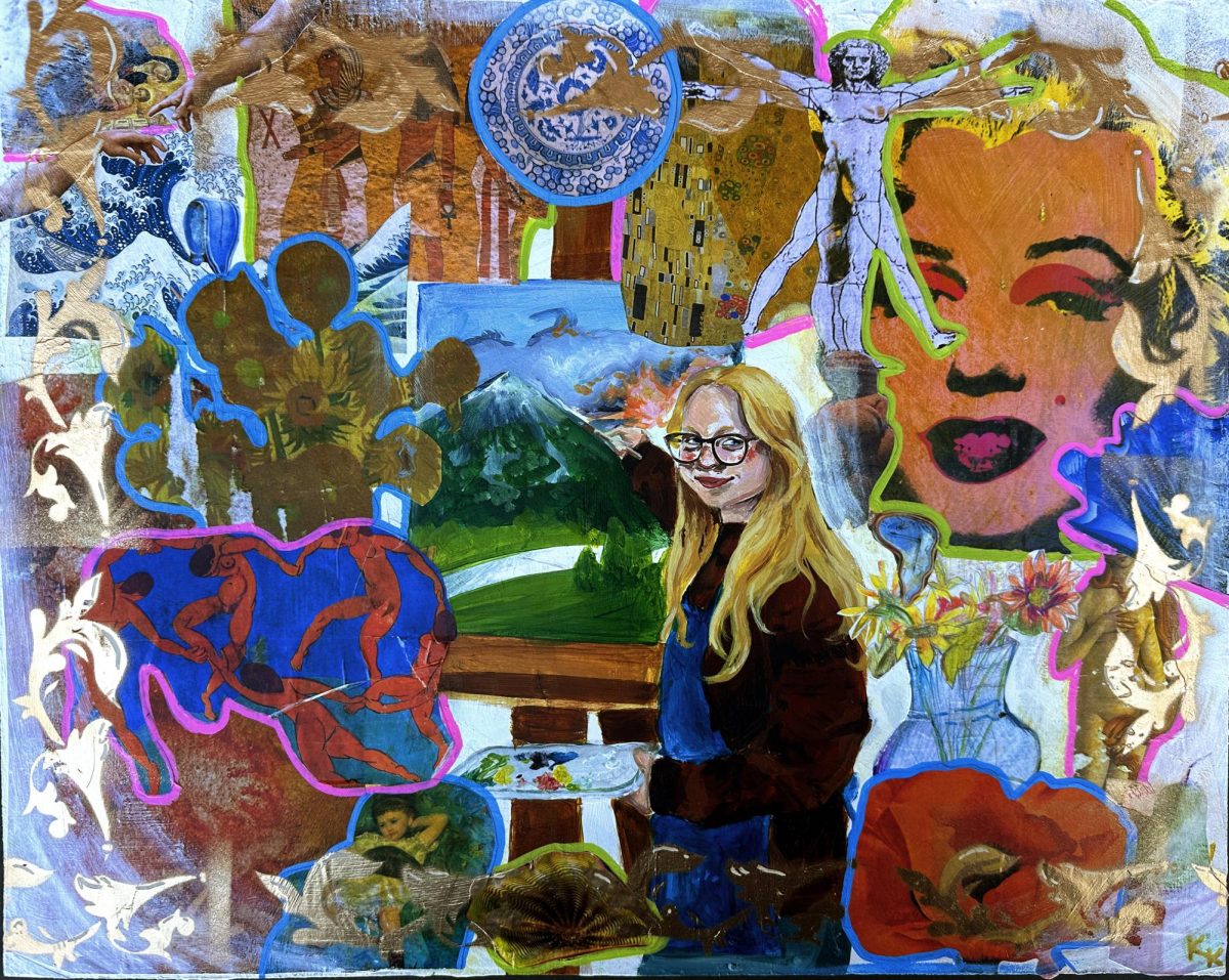 "My Friends and I" is a mixed media self-portrait collage in her AP portfolio. Kinkade framed a painting of herself with famous art pieces, representing how art inspires her and connects her to others. 