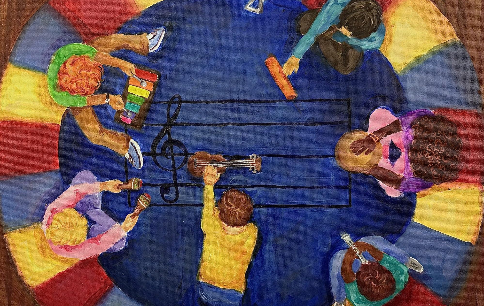 "Music Class" is an acrylic painting of a group of children sitting around a rug. The painting reflects nostalgia and the universal experience of childhood. 