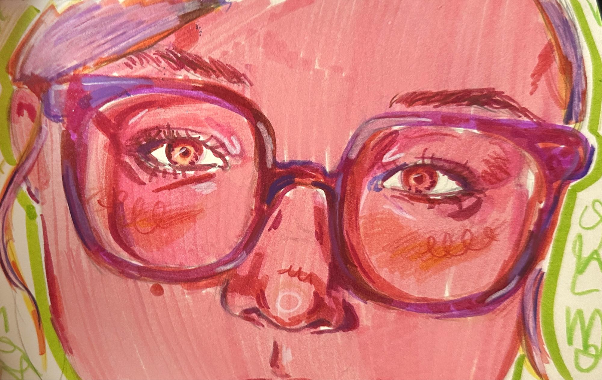 Kinkade created a self portrait of her eyes, using eccentric colors to represent her traits. Kinkade's use of color expresses her creativity and unique style. 